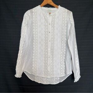 Sundance white eyelet lace long sleeve button front ruffle collar shirt siz XS